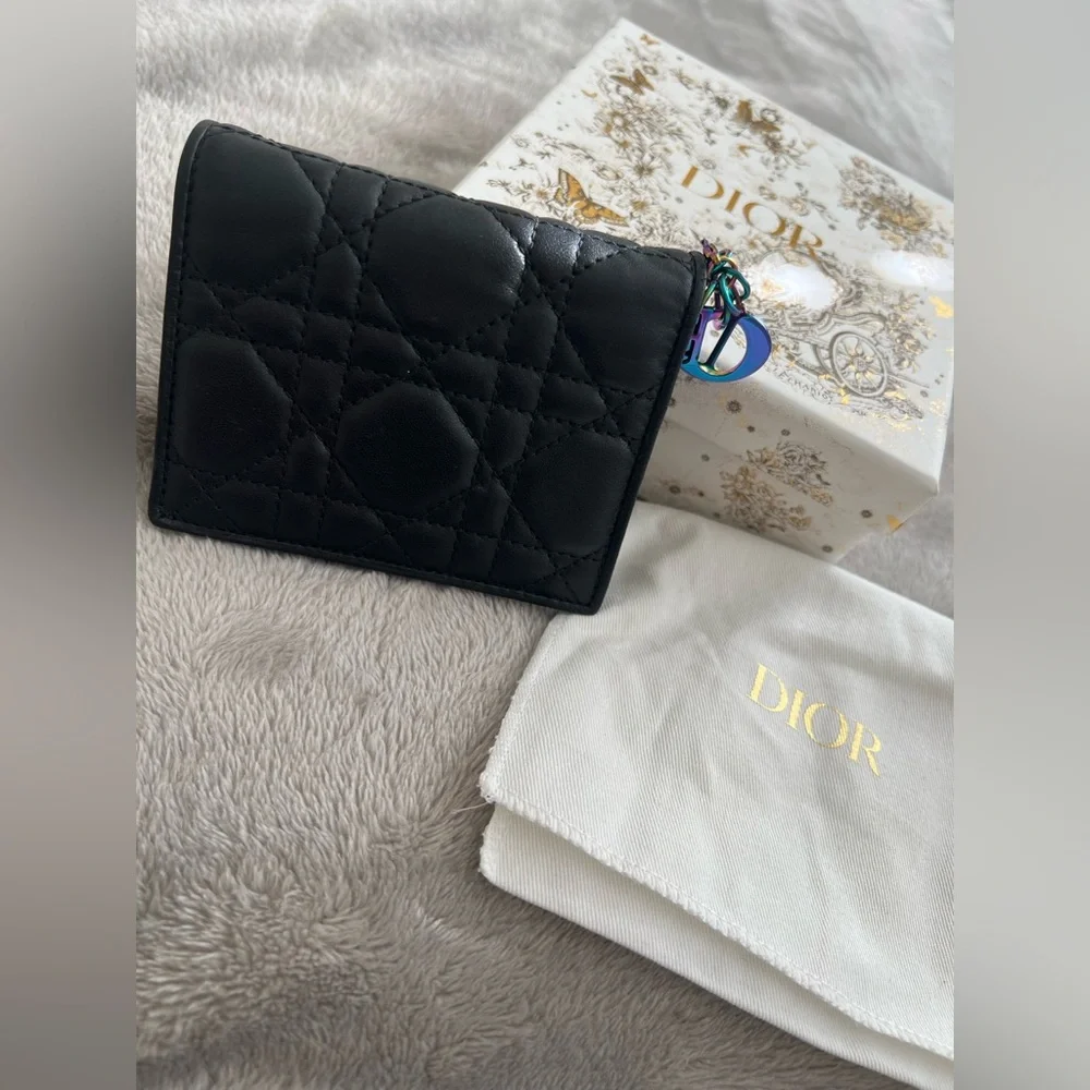 DIOR Lambskin Cannage Mini Lady Dior Wallet w/ RARE Iridescent Metallic Charms